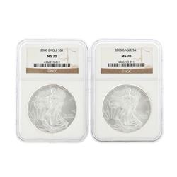 Set of (2) 2008 $1 American Silver Eagle Coins NGC MS70