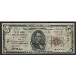 1929 $5 National Bank Note of Columbus Ohio Charter #7621