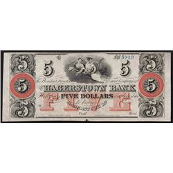1800's $5 The Haggerstown Bank Maryland Obsolete Bank Note