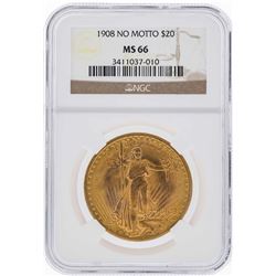 1908 NM $20 Saint Gaudens Double Eagle Gold Coin NGC MS66