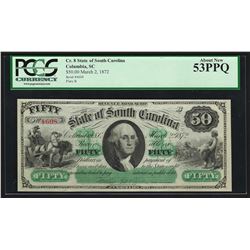 1872 $50 The State of South Carolina Obsolete Bank Note PCGS 53PPQ