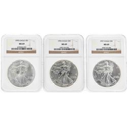 Set of 1995-1997 $1 American Silver Eagle Coins NGC MS69