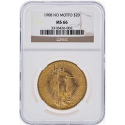 1908 NM $20 Saint Gaudens Double Eagle Gold Coin NGC MS66
