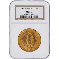 1908 NM $20 Saint Gaudens Double Eagle Gold Coin NGC MS66