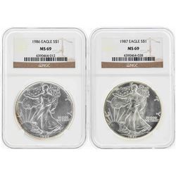 Set of 1986-1987 $1 American Silver Eagle Coins NGC MS69