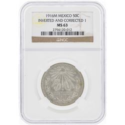1916M Mexico 50 Centavos Silver Coin Inverted & Corrected NGC MS63