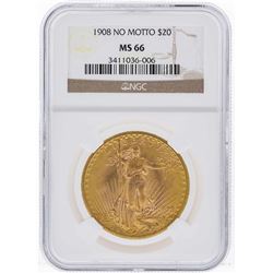 1908 NM $20 Saint Gaudens Double Eagle Gold Coin NGC MS66