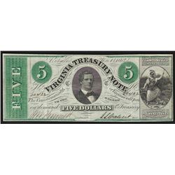1862 $5 Virginia Treasury Note Obsolete