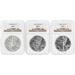 Set of 1986-1988 $1 American Silver Eagle Coins NGC MS69