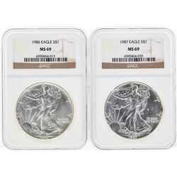 Set of 1986-1987 $1 American Silver Eagle Coins NGC MS69