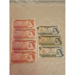 4 x 1974 $2 Bills, 3 x 1975 $1 Bills