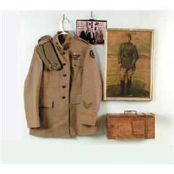 CAPT. E.V. RICKENBACKER’S WWI HIGH COLLAR TUNIC, BRITISH STYLE OVERSEAS CAP, AMMUNITION BOX  & CHROM