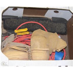 BOX WITH CARPENTERS APRON, BIKE LOCK CABLE