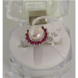 #67-AKOYA PEARL & RUBY 925 SOLID SILVER RING