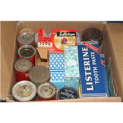 BOX OF ANTIQUES INCL SPICES, CELLULOSE TAPE, TOOTH