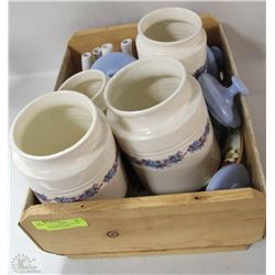 FLAT OF COOKIE JARS, CERAMIC SOUP BOWLS, FLOWER