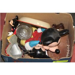 BOX OF ANTIQUES INCL MICKEY TOYS, FOOTBALL & MORE