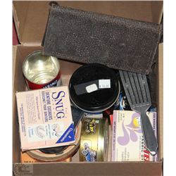 BOX OF ANTIQUES INCL BRUSH, FABRIC DYE, WALLET AND