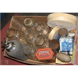 BOX OF ANTIQUES INCL JARS, TIN CONTAINERS, AND