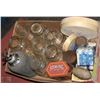 Image 1 : BOX OF ANTIQUES INCL JARS, TIN CONTAINERS, AND