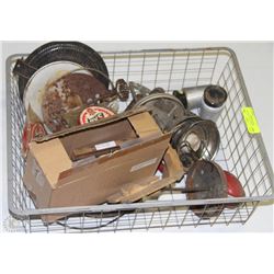 BOX OF ANTIQUES INCL BUTTER CHURN, WAFFLE MAKER,