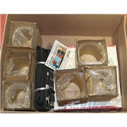 LOT OF 6 GLASS SHADES, 1 CASE OF CERAMIC TILES