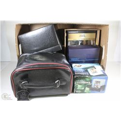 BOX OF MISC INCL PHOTO COASTERS, FLEXBELT MUSCLE