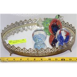 MIRRORED TRAY WITH ART GLASS PAPERWEIGHTS