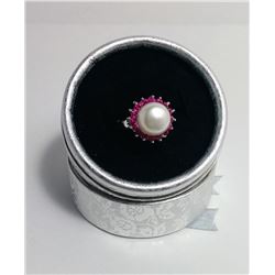 WHITE AKOYA PEARL & RUBY RING