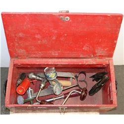 A VINTAGE WOODEN BOX WITH ANTIQUE TOOLS
