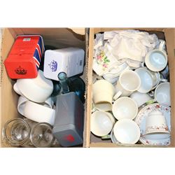 TWO BOXES WITH ASSORTED CHINA CUPS, SAUCERS, AND