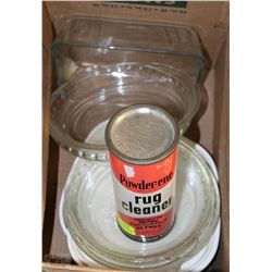 BOX OF PYREX DISHES AND VINTAGE RUG CLEANER
