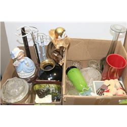 TWO BOXES OF ESTATE ITEMS INCLUDING DOLL STANDS