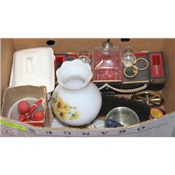 BOX OF ANTIQUES INCL GLASS LIQUOR SET, LAMP AND