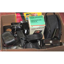 BOX OF ANTIQUES INCL CAMERAS, CAMCORDERS, AND