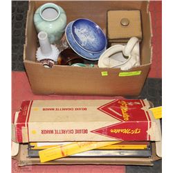 BOX OF ANTIQUES INCL VASES, PLATES, CIGARETTE