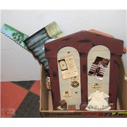 BOX OF ANTIQUES OF ASSORTED WALL DECORATIONS