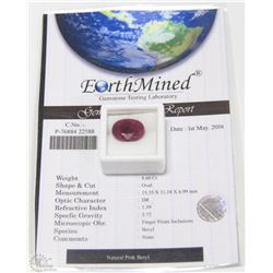44) NATURAL PINK BERYL 8.6CT WITH COA