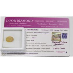 36) NATURAL YELLOW SAPPHIRE 3.424CT WITH COA
