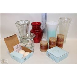 BOX OF VASES AND PARTYLITE CANDLE BURNER WITH