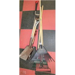 LOT OF 4 RAKES AND 4 SHOVELS