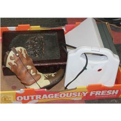 BOX OF MISC ITEMS  - PORCELAIN BOOT, WAFFLE MAKER