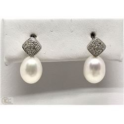 #16-STERLING SILVER PEARL & DIAMOND EARRINGS