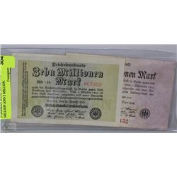 2 GERMAN BANK NOTES 1923-10 MILLION AND 2 MILLION