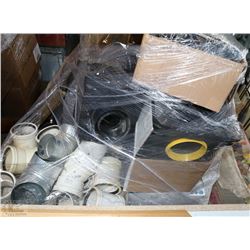 PALLET OF PLUMBING, FITTINGS, METAL SHELVING PARTS