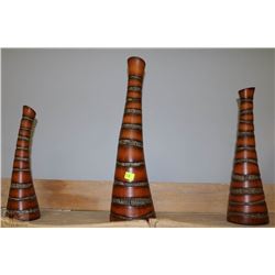 3 PC WOOD TONE VASE SET