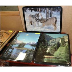 3 LAMINATED WOOD PICTURES - MOUNTAINS & WOLVES