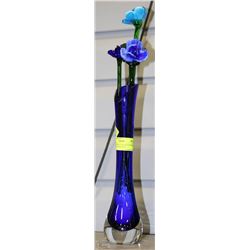 3-HAND-BLOWN 17" GLASS FLOWERS IN A BLUE GLASS