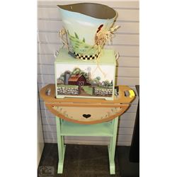 ANTIQUE BUTTERFLY TABLE, BUCKET, RAGS, AND STORAGE