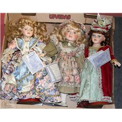 LOT OF 3 PORCELAIN DOLLS W ORIGINIAL TAGS